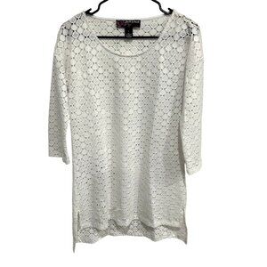 Peck & Peck White Crochet Lace Tunic Top S 3/4 Sleeve Coastal Swim Cover Up
